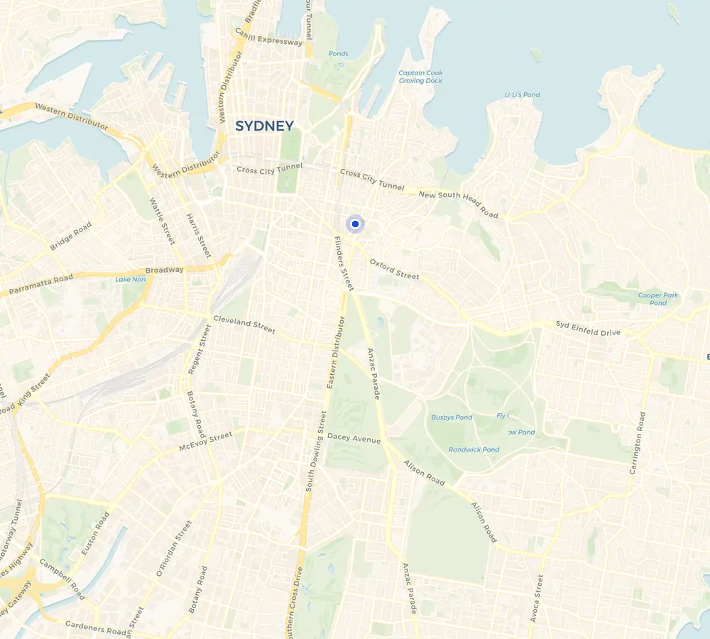 Map of the Darlinghurst service area and the surrounding Inner Sydney, showing Darlinghurst and the nearby streets we cover.